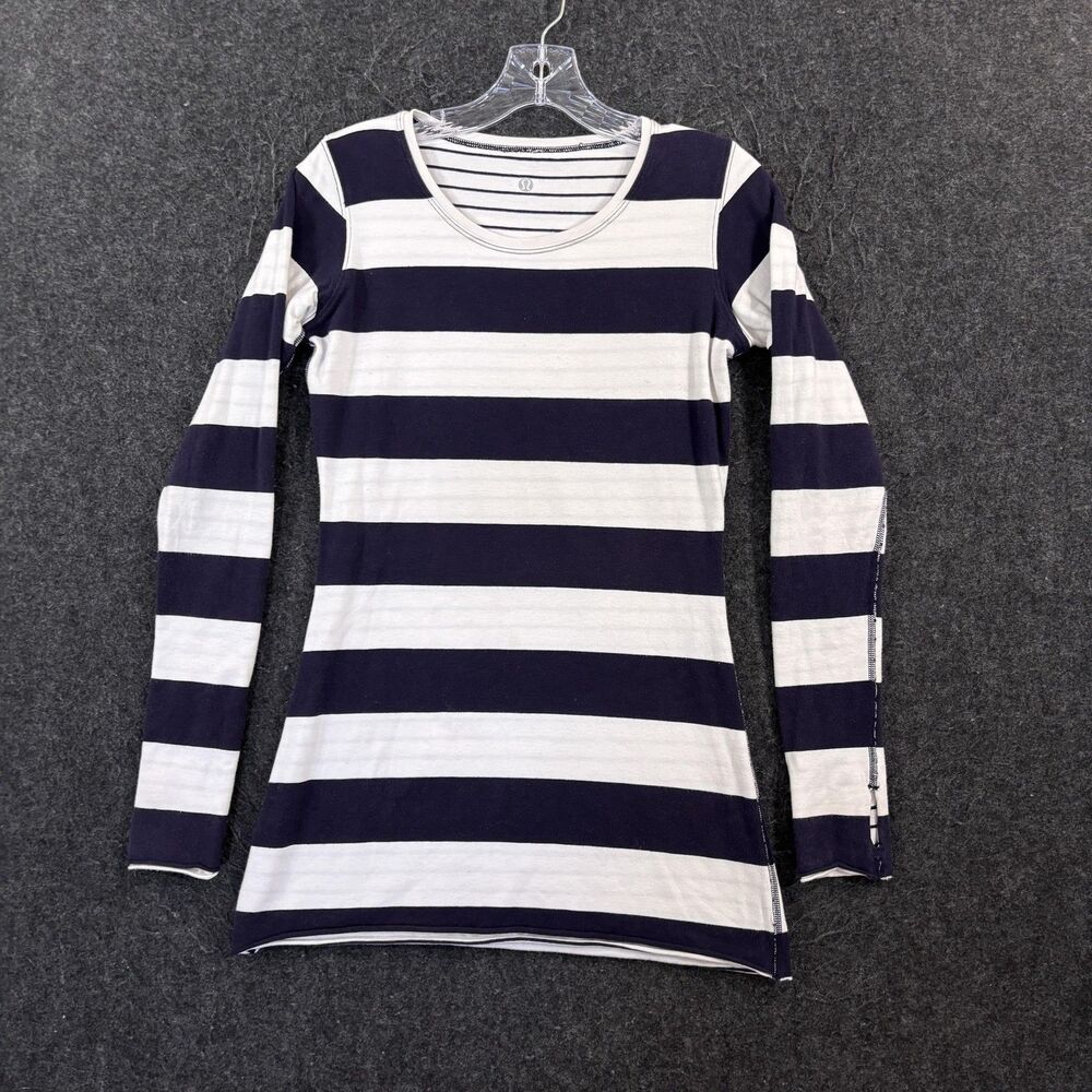 Lululemon Every Yogi Shirt Women's 6 Navy Blue Reversible Striped Long Sleeve